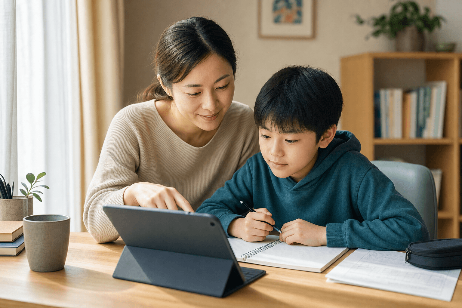 保護者と生徒がレッスン後の学習内容を一緒に確認している様子