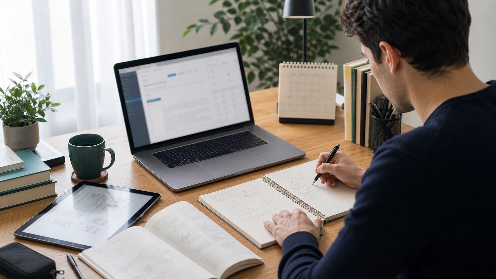 An IB tutor preparing DP lesson notes and study materials before an online lesson