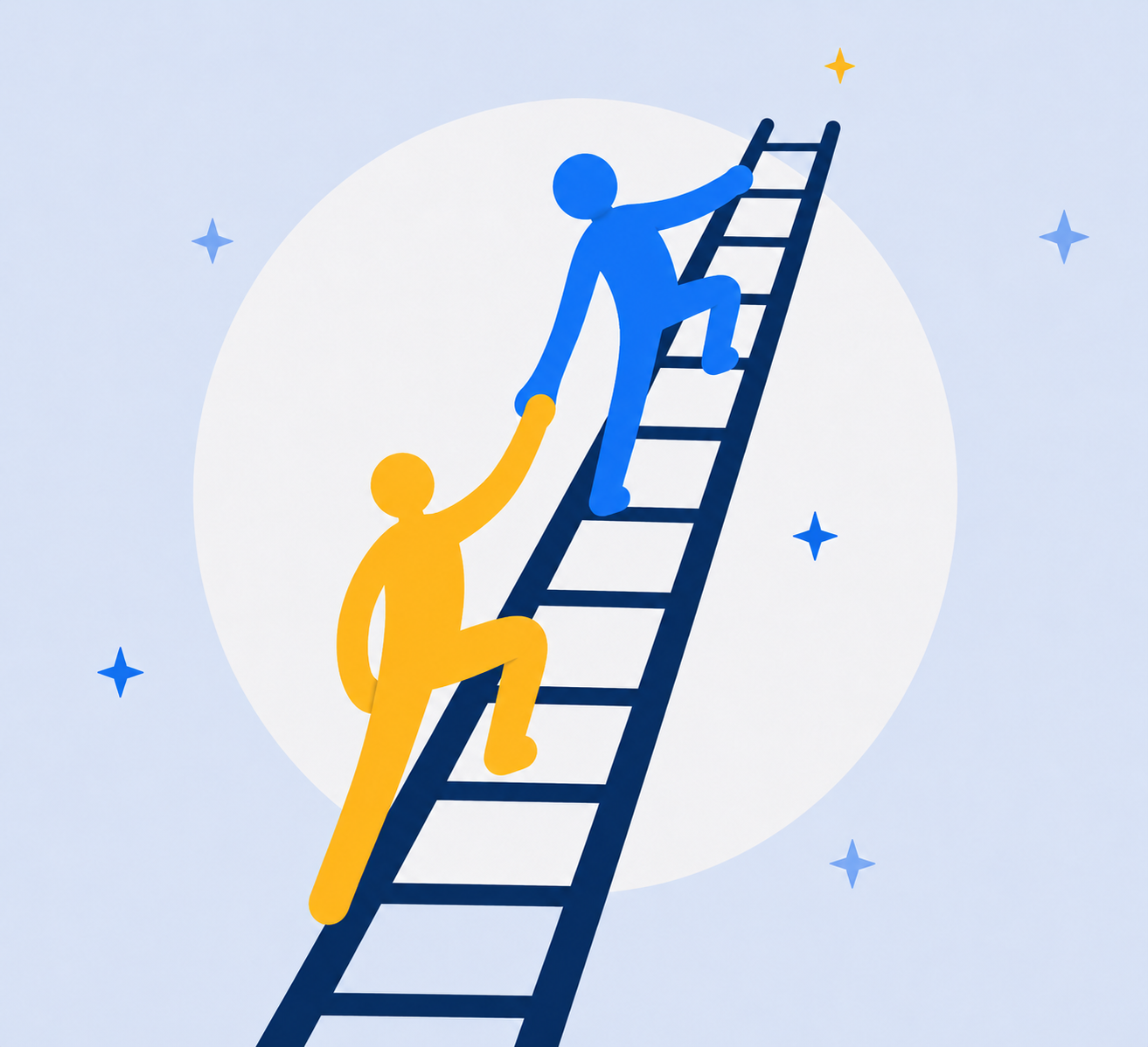 A tutor on a ladder reaching down to pull a student up